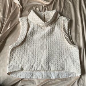 White / Cream Geometric Sleeveless Ivory Crop Top | Mock neck sleeveless top